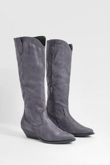 Wedged Heel Knee High Cowboy Boots charcoal