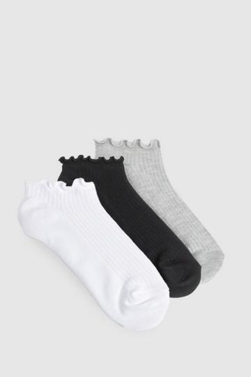 3 Pack Ribbed Frilled Trim Trainer Socks multi