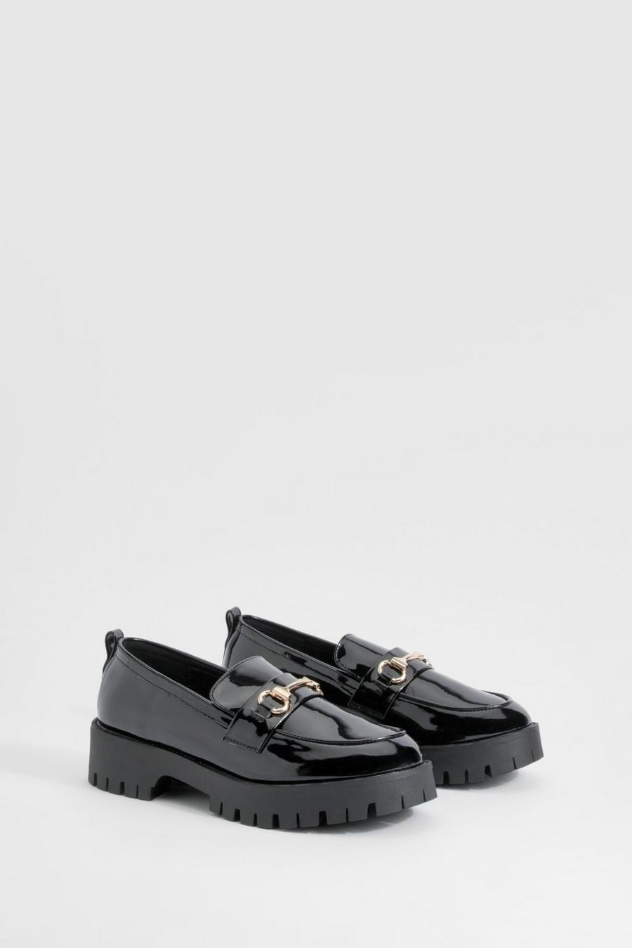 Black Wide Fit Patent Chunky T Bar Loafers  
