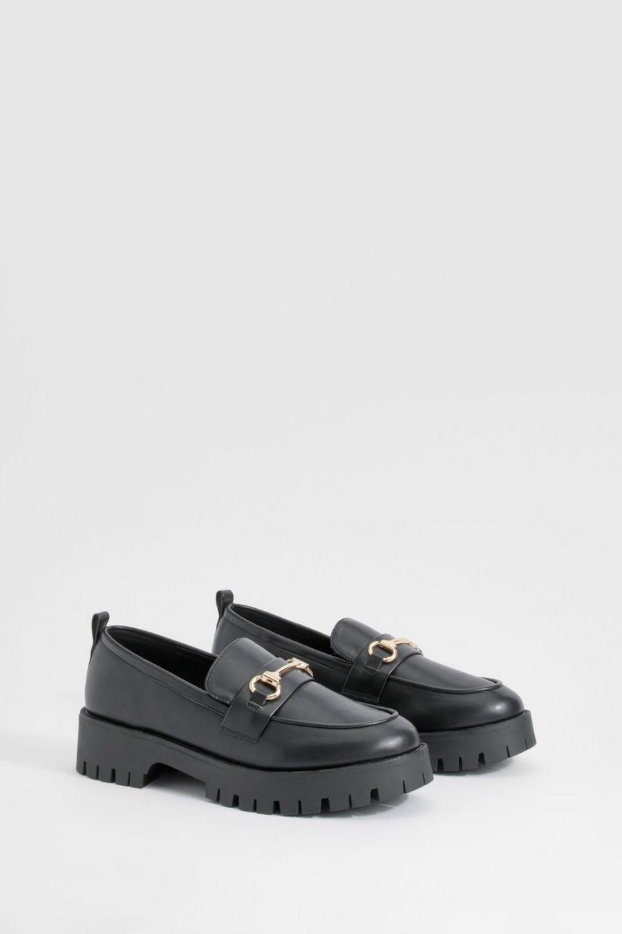 Black Wide Width Chunky T Bar Loafers