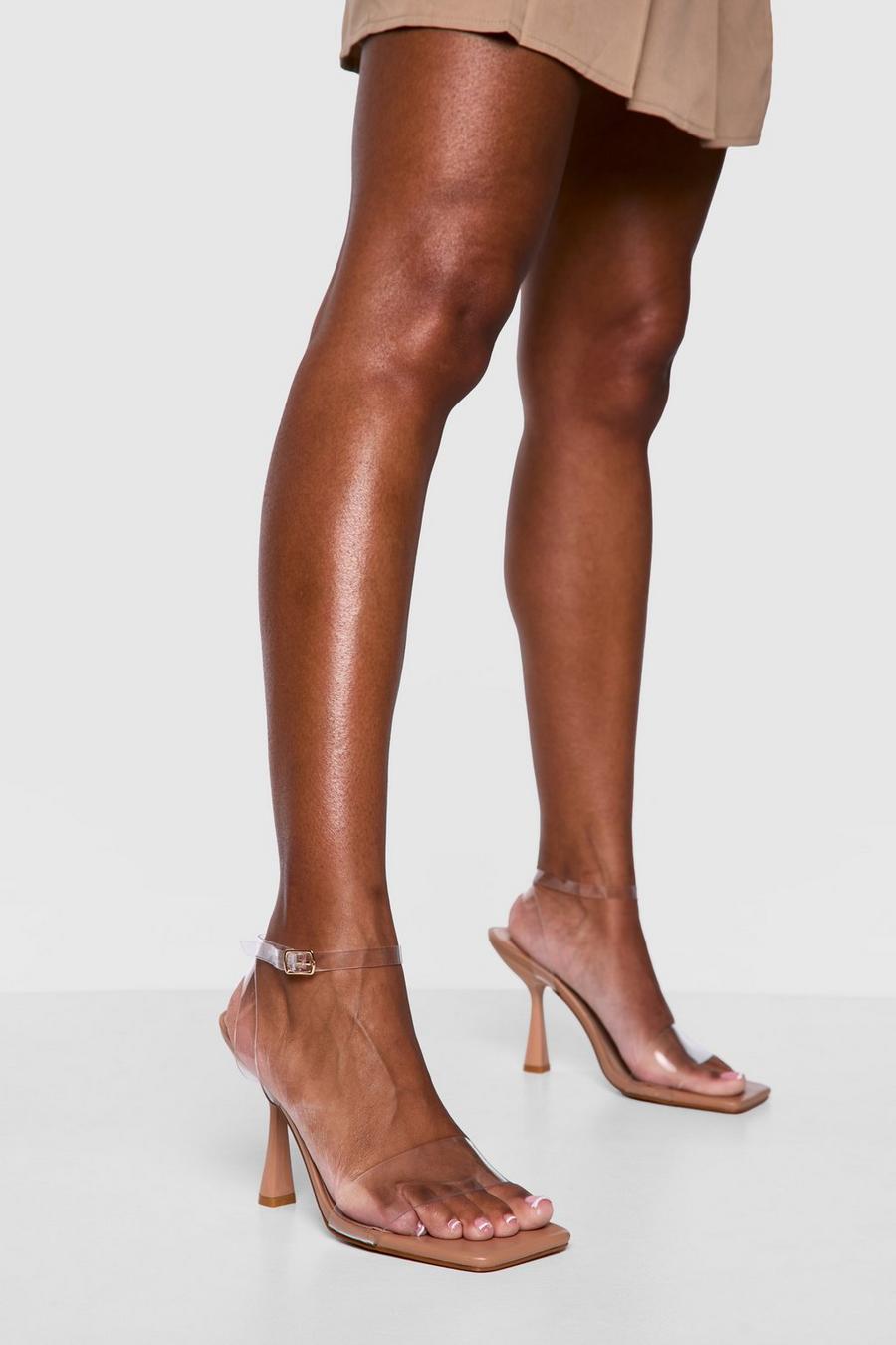 Sandali Mules a calzata ampia a punta quadrata con fascette trasparenti e tacco, Nude image number 1
