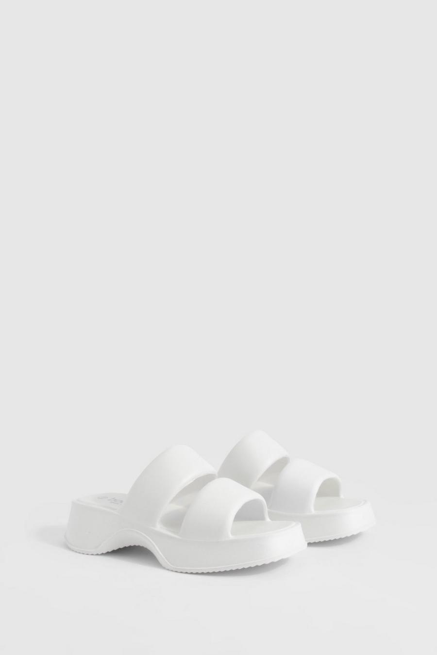 White Double Strap Chunky Platform Sliders  image number 1