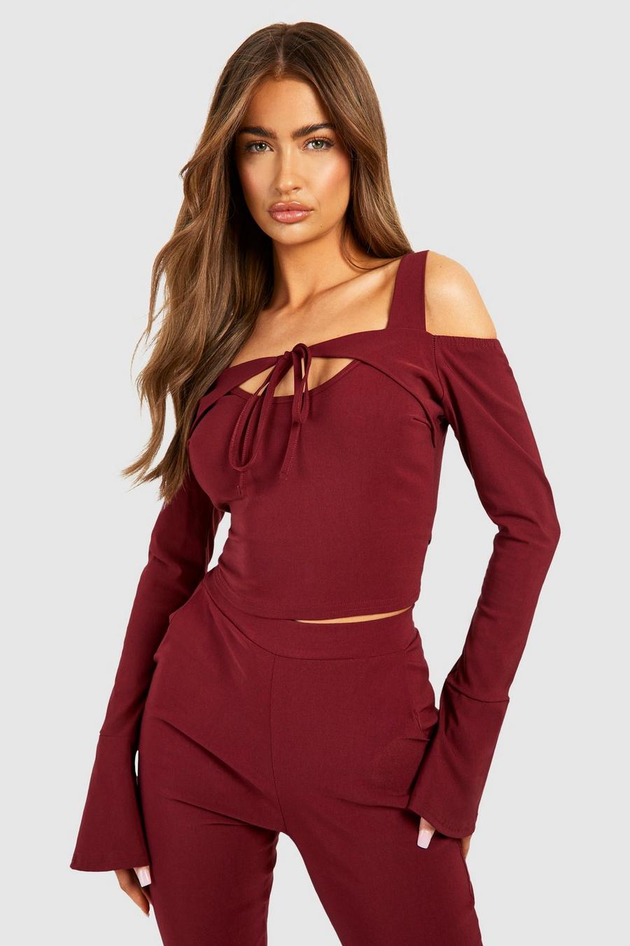 Cherry Flared Sleeve Tie Front Top