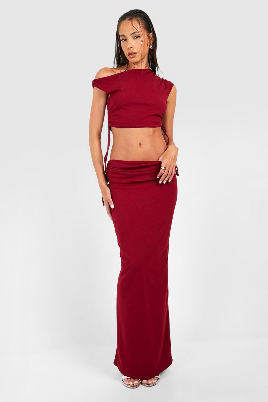 Cherry red Ruched Drape Shoulder Crop & Maxi Skirt