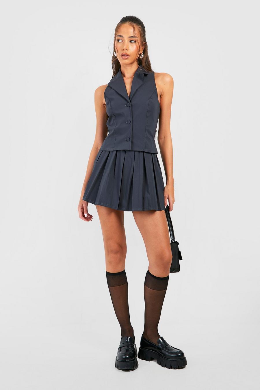 Charcoal Plunge Front Vest & Pleated Mini Skirt image number 1