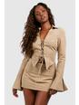 Mocha Lace Up Front Split Cuff Fitted Shirt