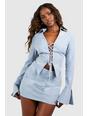 Slate blue Lace Up Front Split Cuff Fitted Shirt
