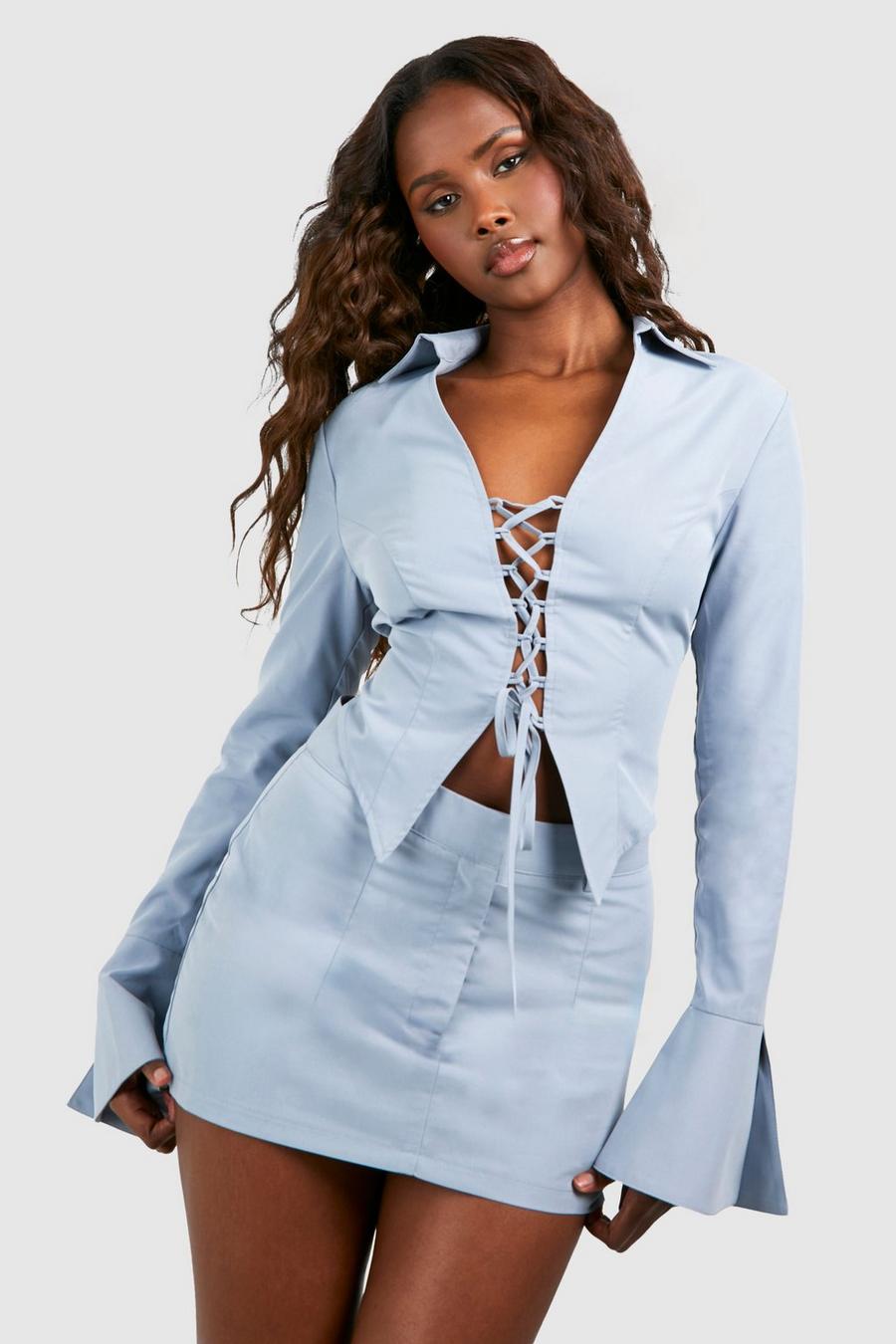 Slate blue Lace Up Front Split Cuff Fitted Shirt image number 1