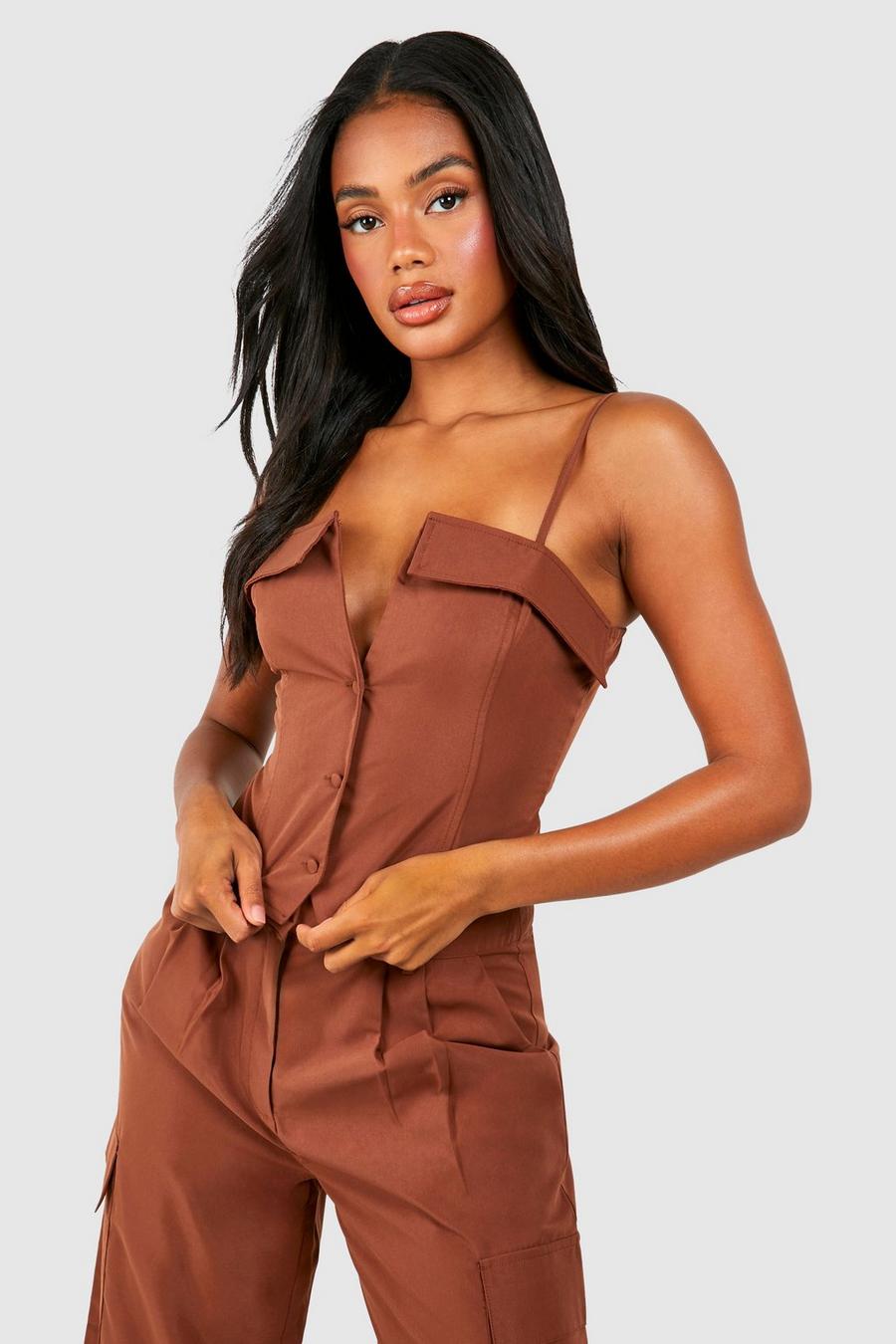 Chocolate V Button Front Corset