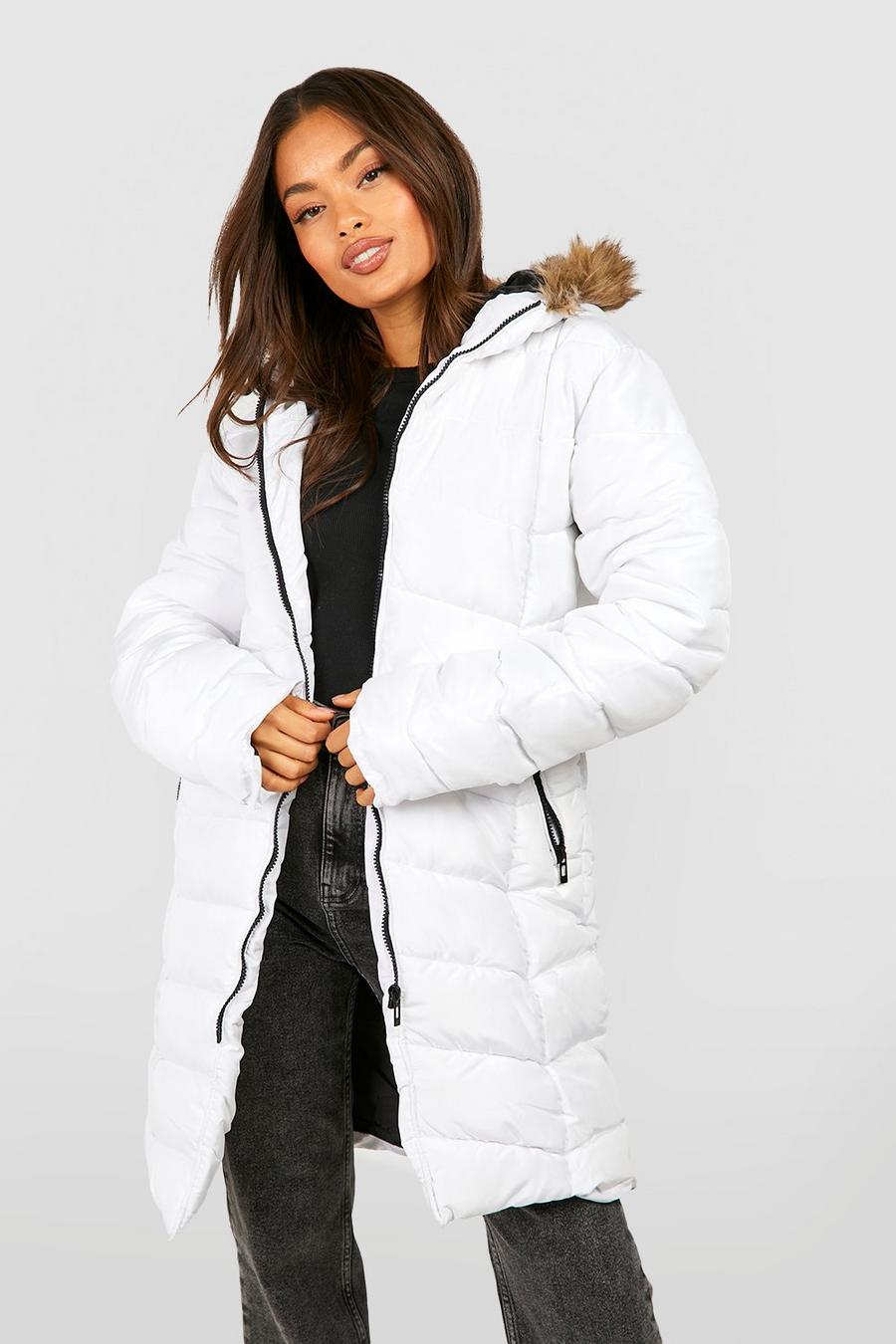 White Faux Fur Hooded Panelled Parka Coat