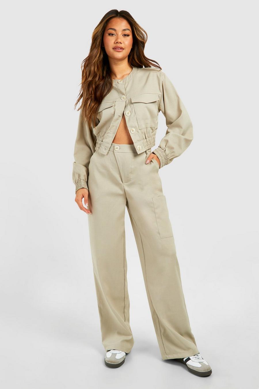 Taupe Linen Look Asymmetric Front Relaxed Fit Pants image number 1
