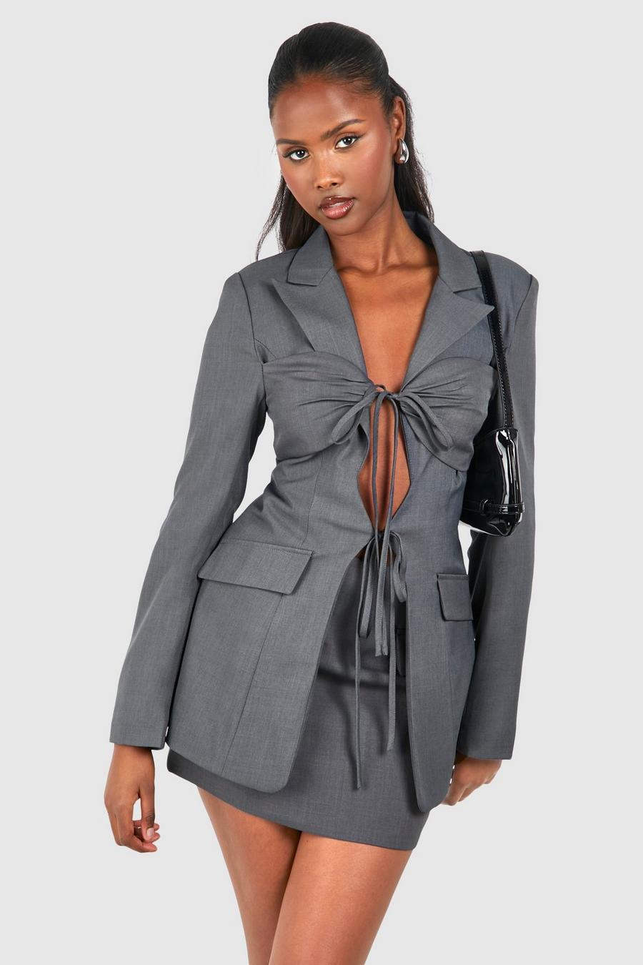 Charcoal Tie Front Detail Fitted Blazer image number 1