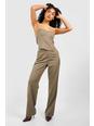 Taupe Linen Look Pinstripe Straight Leg Trousers