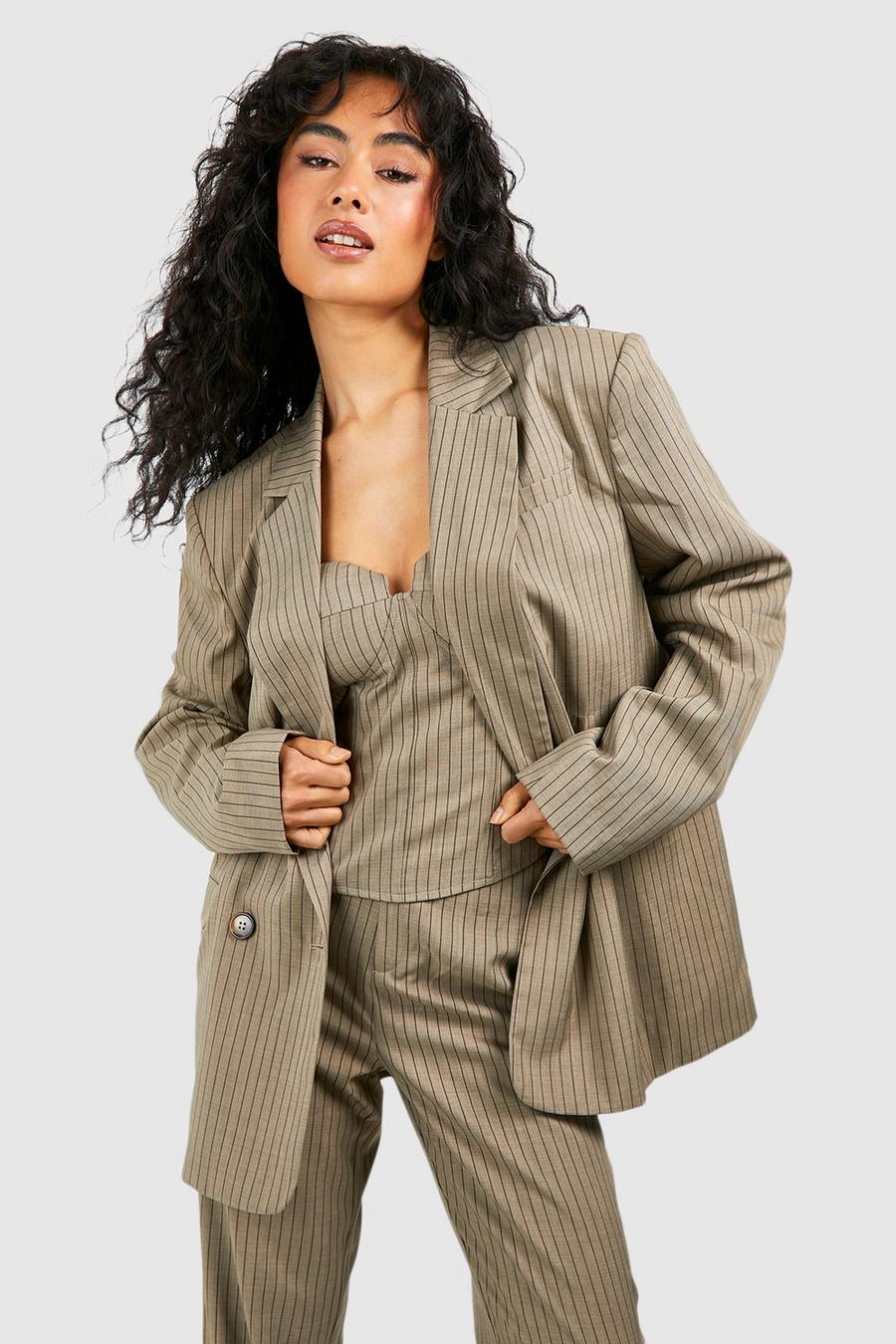 Taupe Linen Look Pinstripe Double Breasted Blazer image number 1