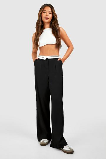 Contrast Waistband Wide Leg Dress Pants black