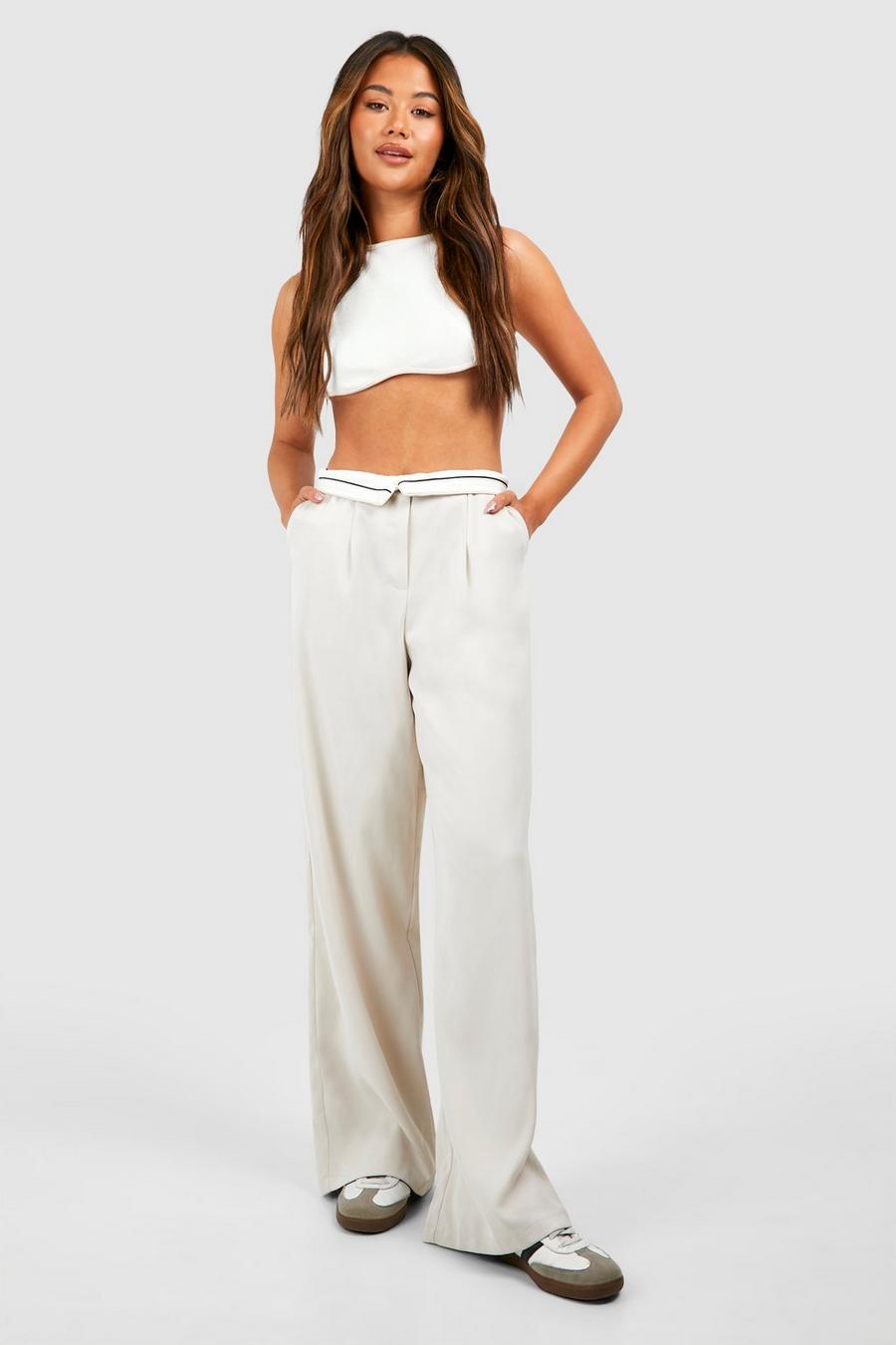 Ecru Contrast Waistband Wide Leg Tailored Trousers image number 1