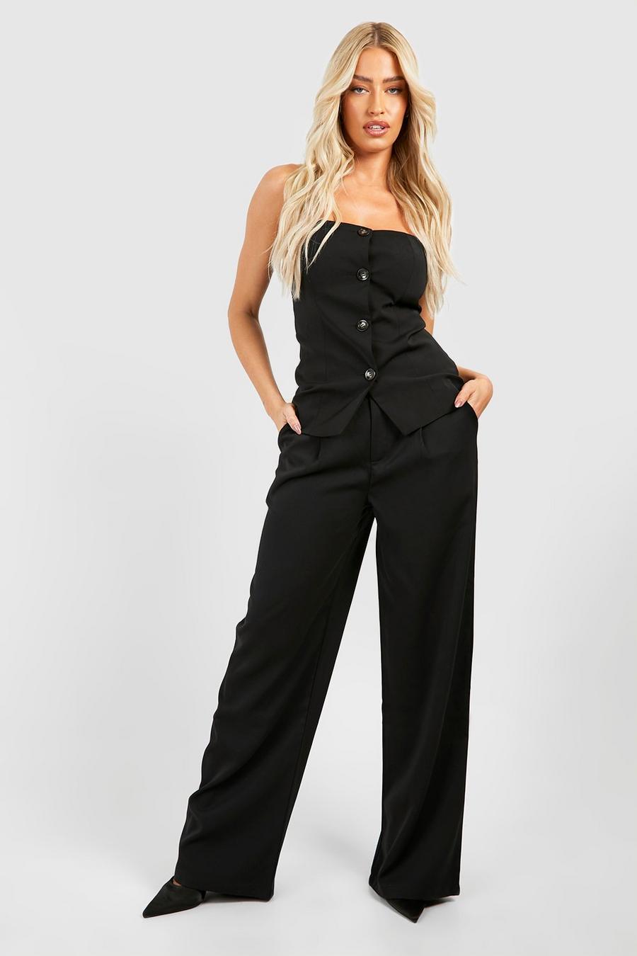Black Pleat Front Wide Leg Tailored Trousers