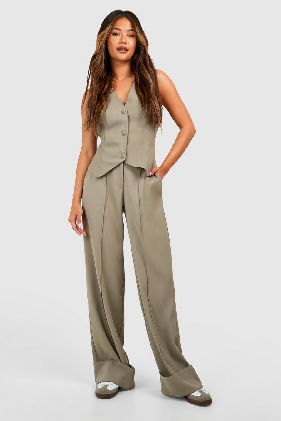 Mocha Turn Cuff Wide Leg Relaxed Fit Tailored Trousers image number 1