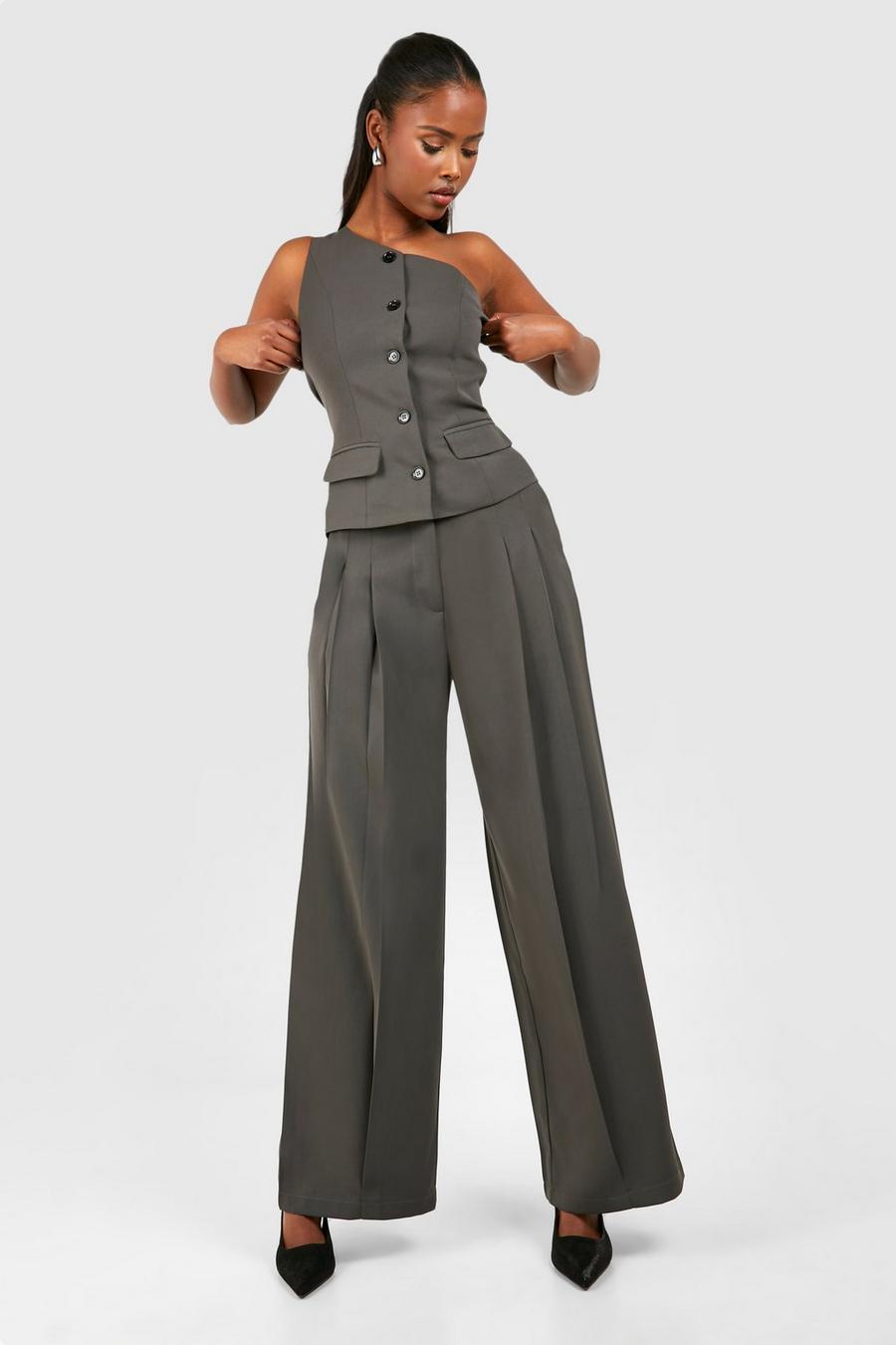 Charcoal Pleat Front Relaxed Fit Tailored Trousers image number 1