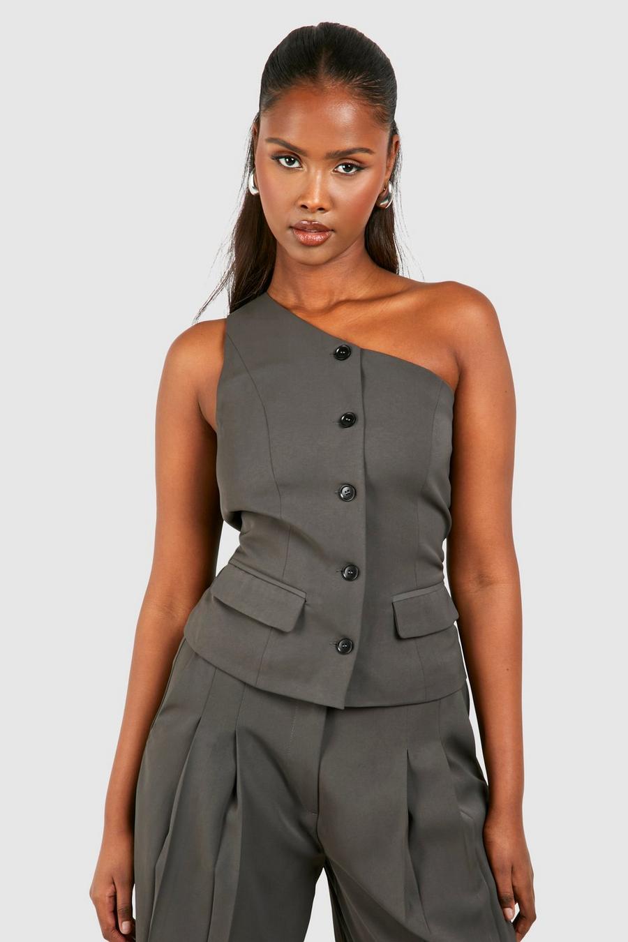 Charcoal One Shoulder Contrast Button Waistcoat image number 1
