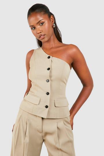 One Shoulder Contrast Button Vest mocha