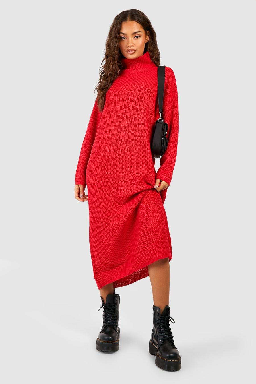 Red Roll Neck Knitted Midi Dress image number 1