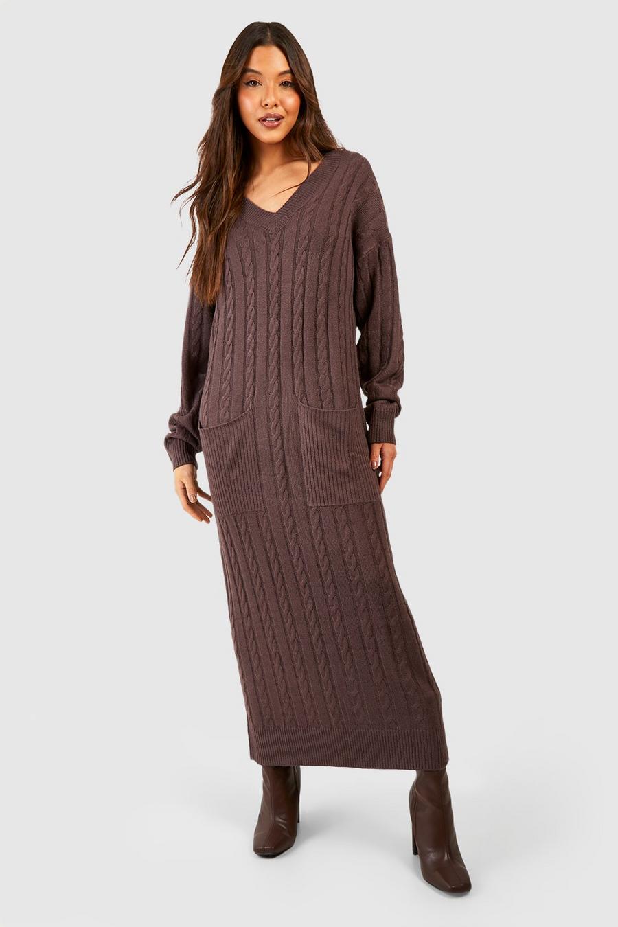 Chocolate Knitted V Neck Patch Pocket Midi Dress  image number 1