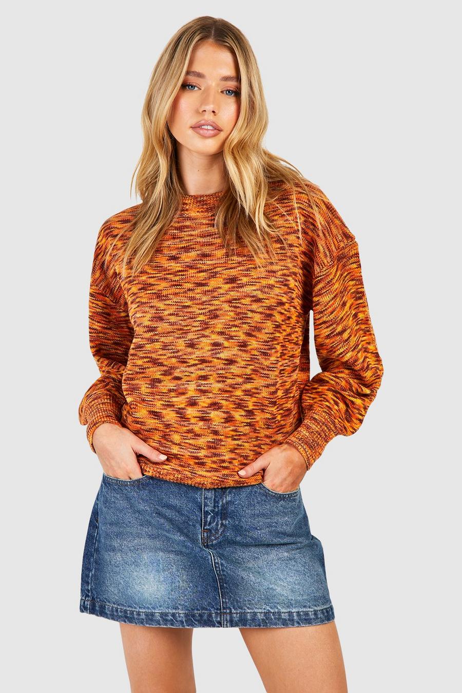 Orange Space Dye Crew Neck Knitted Sweater image number 1