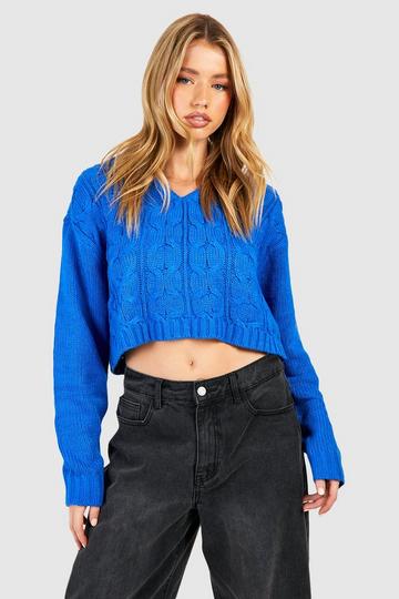 Cable Knit Hooded Crop Jumper blue