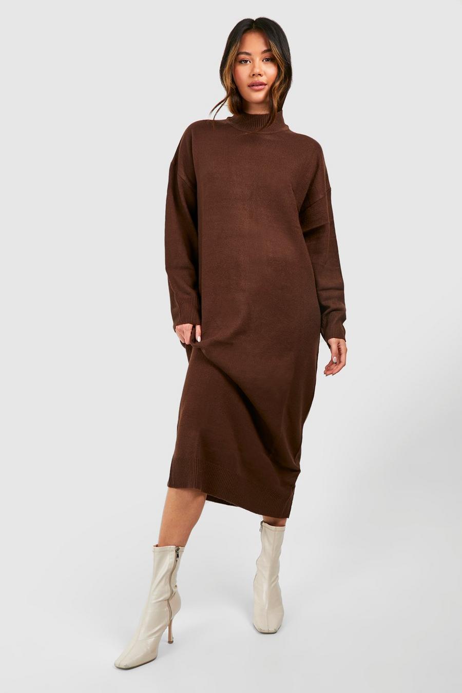 Chocolate High Neck Knitted Midaxi Dress image number 1