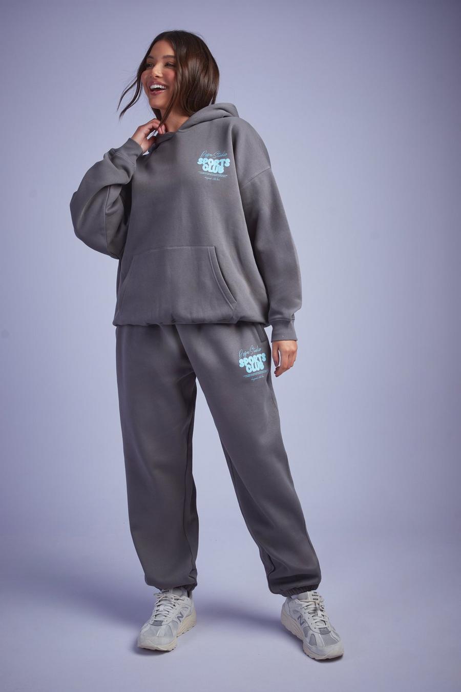 Charcoal Dsgn Studio Sport Bubble Slogan Cuffed Oversized Track Pants image number 1