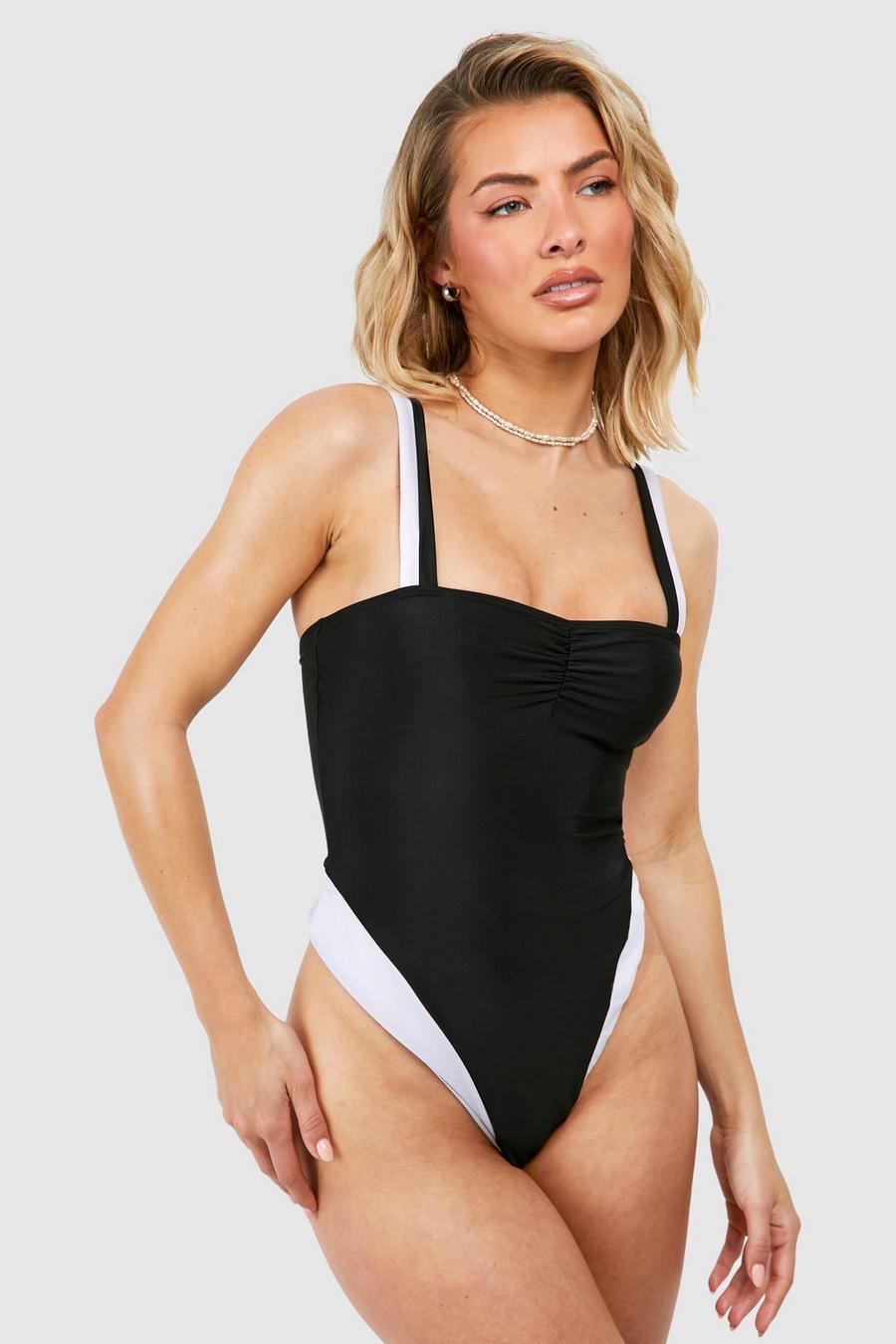 Black Mono Color Block Ruched Swimsuit