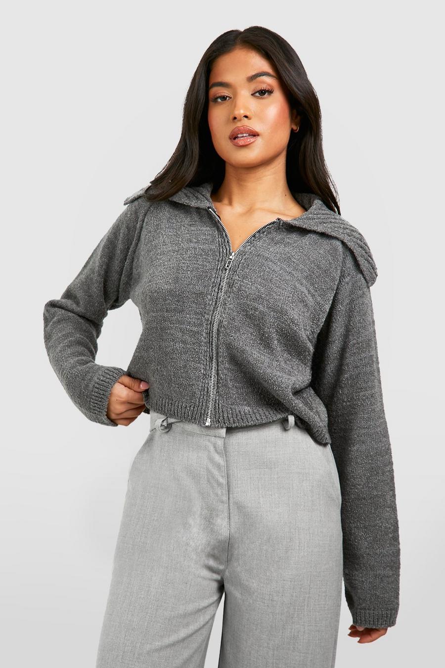 Charcoal Petite Boucle Zip Through Cropped Cardigan image number 1