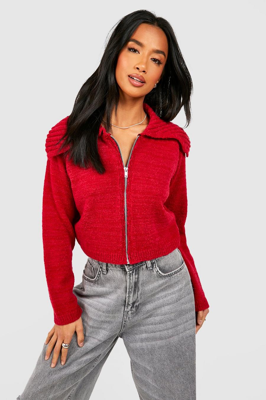 Red Petite Boucle Zip Through Cropped Cardigan image number 1