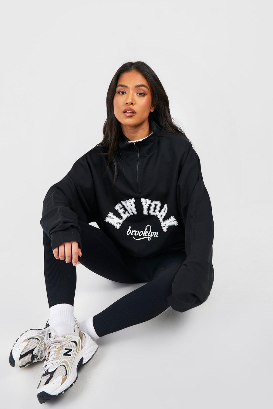 Petite Sweatshirt mit New York Print und halbem Reißverschluss, Black