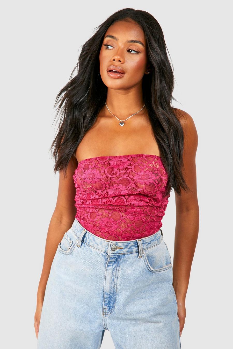 Pink Lace Ruched Bandeau Top image number 1