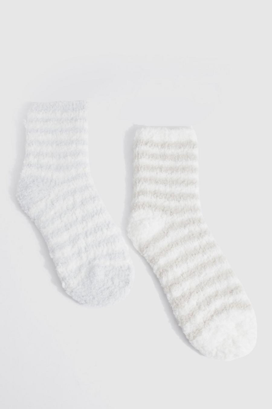 Neutral Two Pack Stripe Fluffy Socks