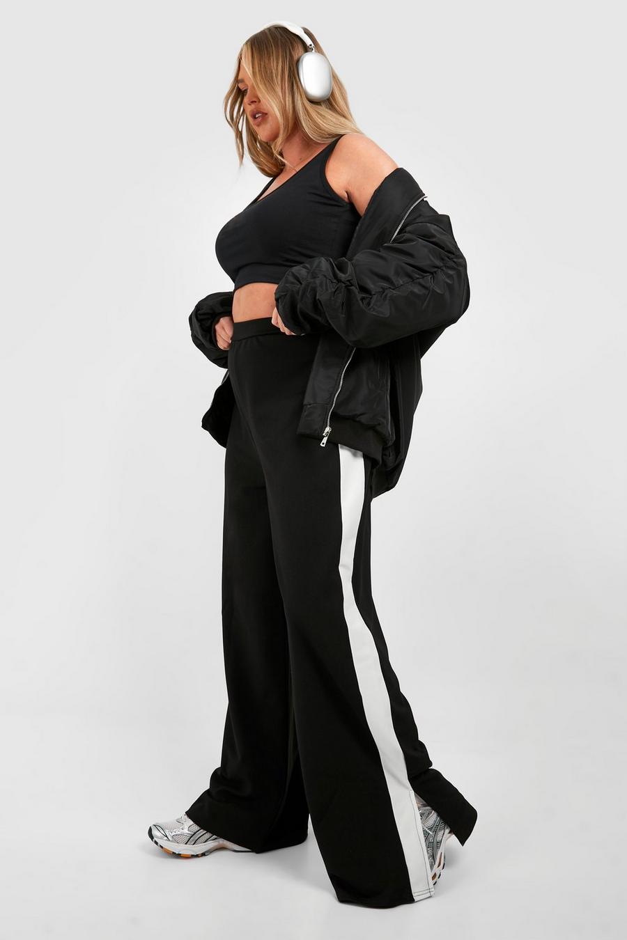 Pantaloni Plus Size a vita alta con striscia laterale e spacco sul fondo, Black image number 1