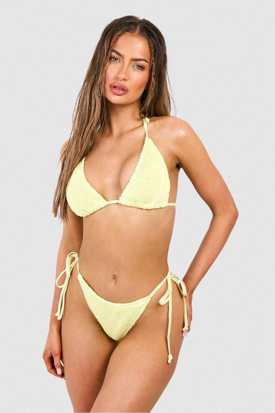 Yellow Gekreukelde Driehoekige Premium Bikini Top Met Strik