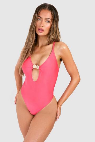 Shell Trim Cut Out Strappy Swimsuit coral pink