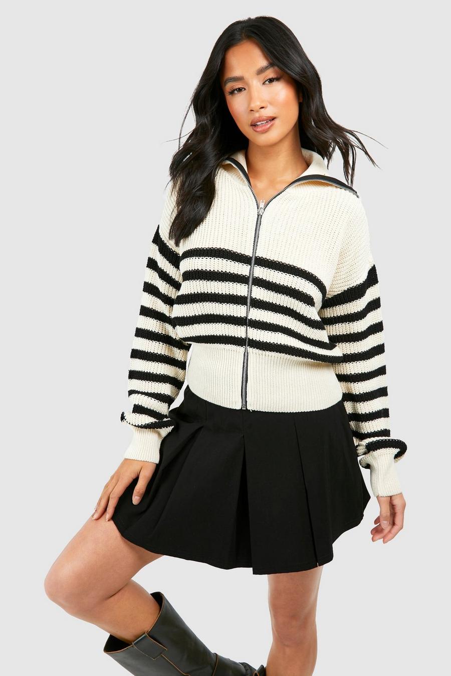 Cardigan Petite a righe con zip, Black image number 1