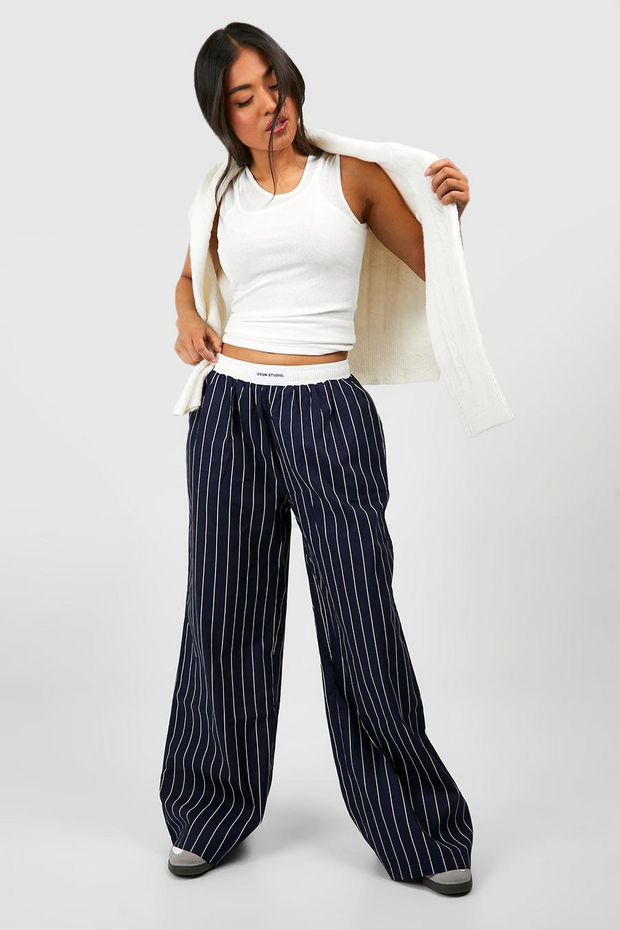 Navy Petite Contrast Waistband Stripe Wide Leg Trouser  image number 1