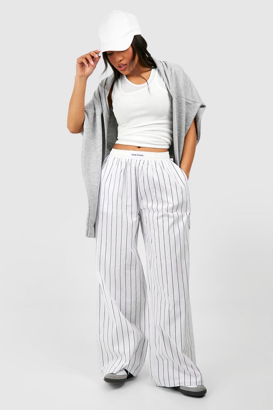White Petite Contrast Waistband Stripe Wide Leg Pants image number 1