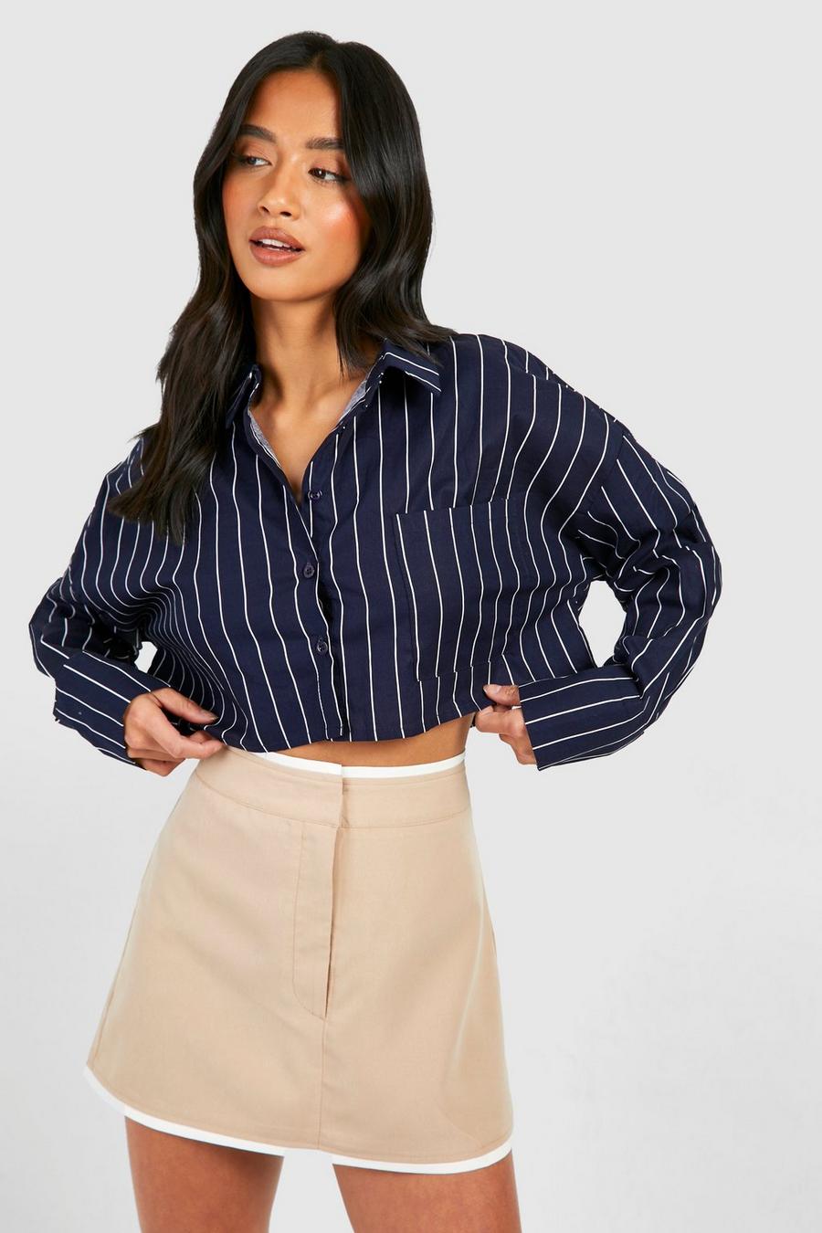 Navy Petite Korte Gestreepte Blouse