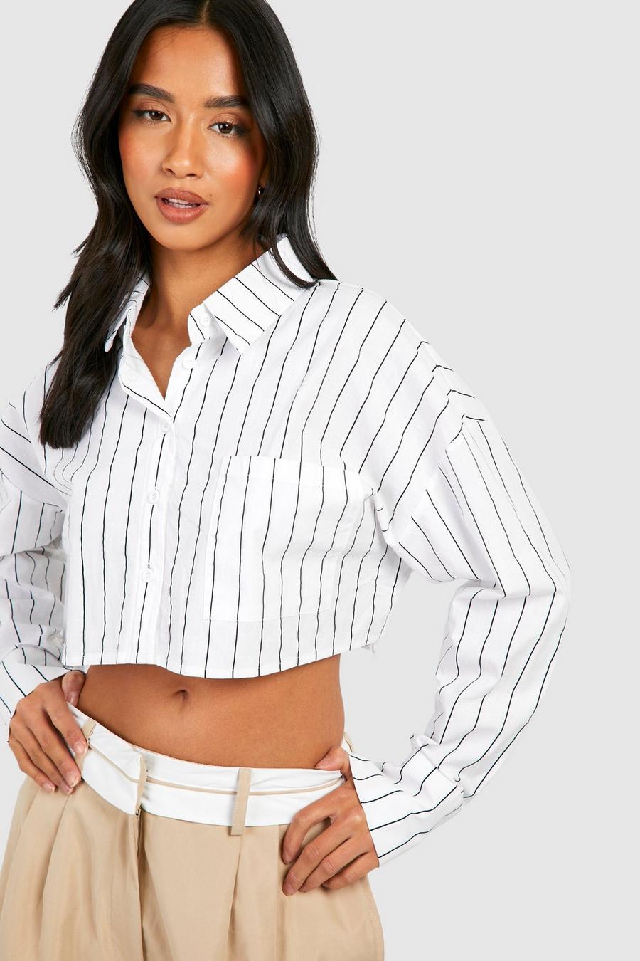 White Petite Stripe Crop Shirt  image number 1