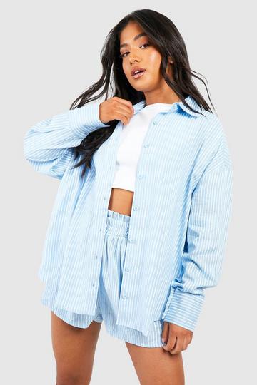 Blue Petite Textured Stripe Oversize Shirt