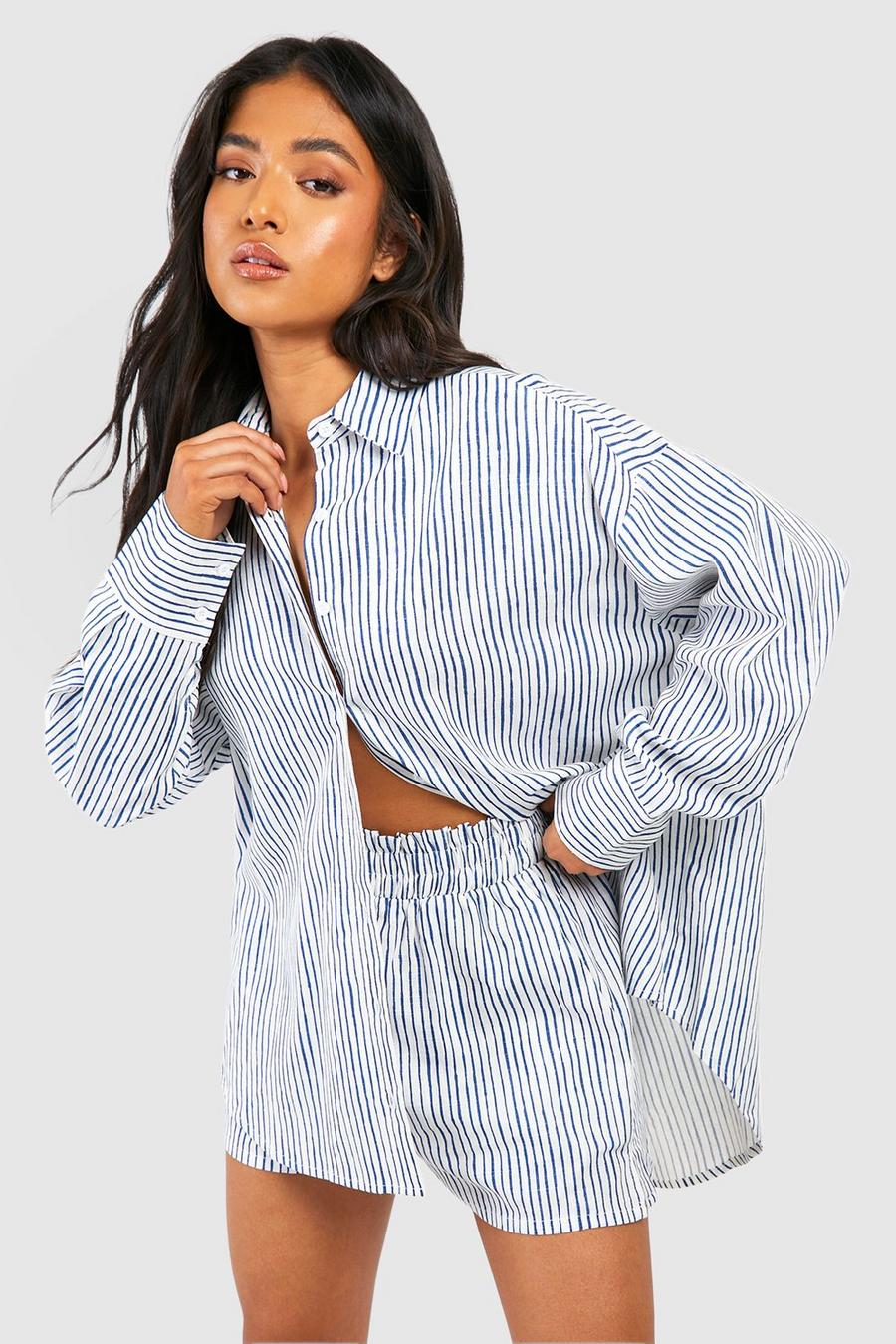 White Petite Textured Stripe Oversize Shirt