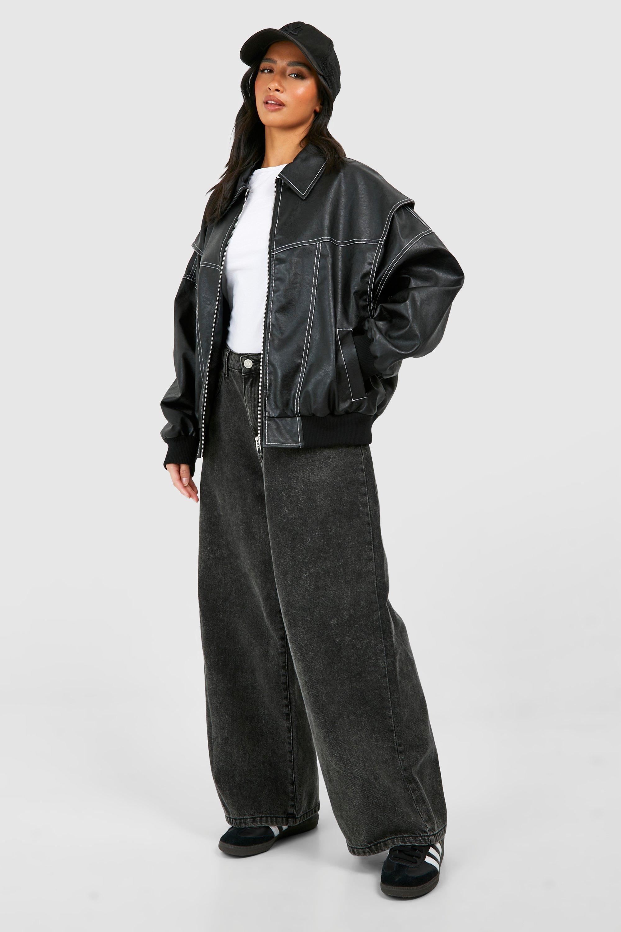 Women's Petite Pu Contrast Stitch Oversized Bomber Jacket