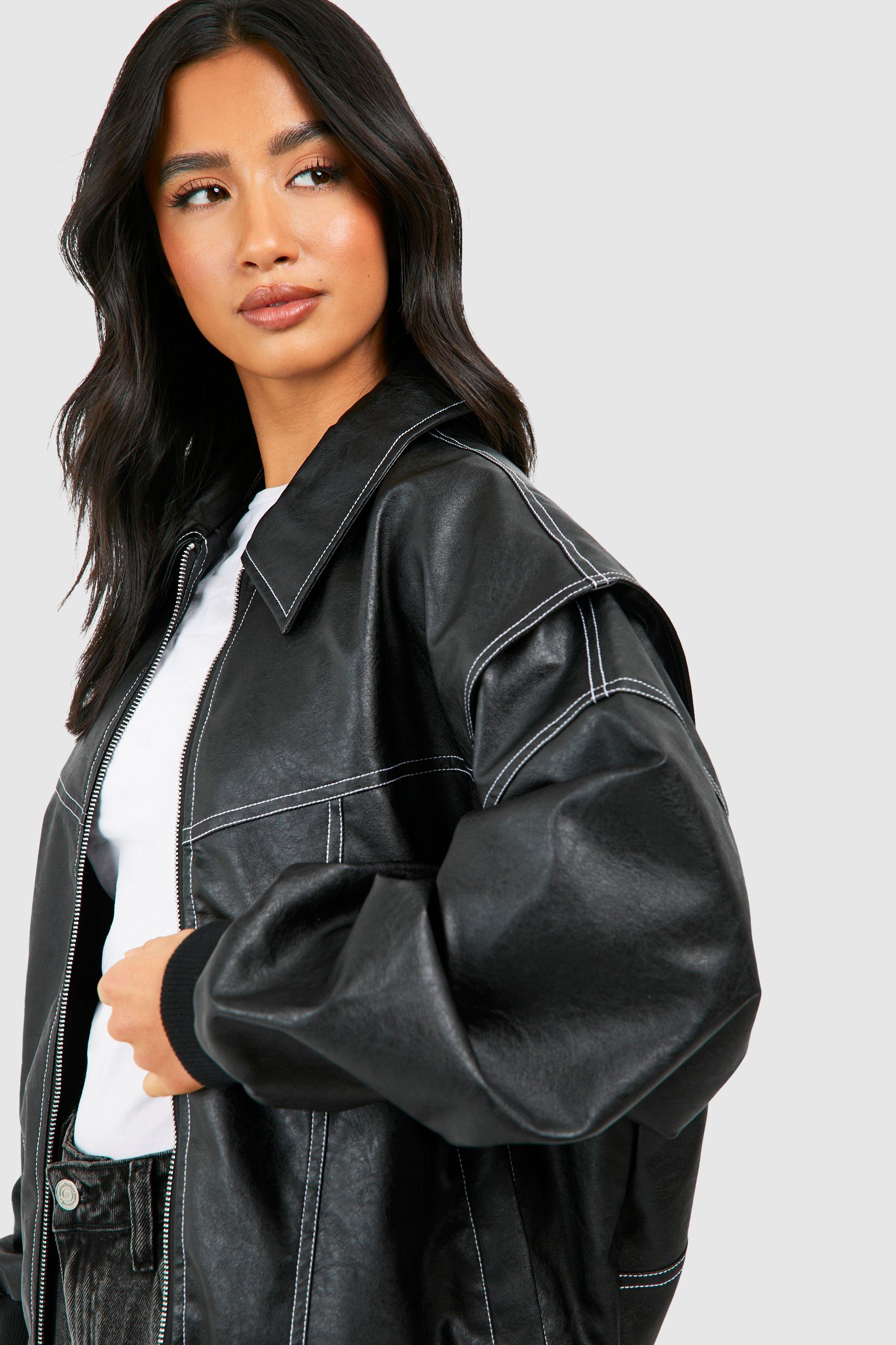 Petite Pu Contrast Stitch Oversized Bomber Jacket