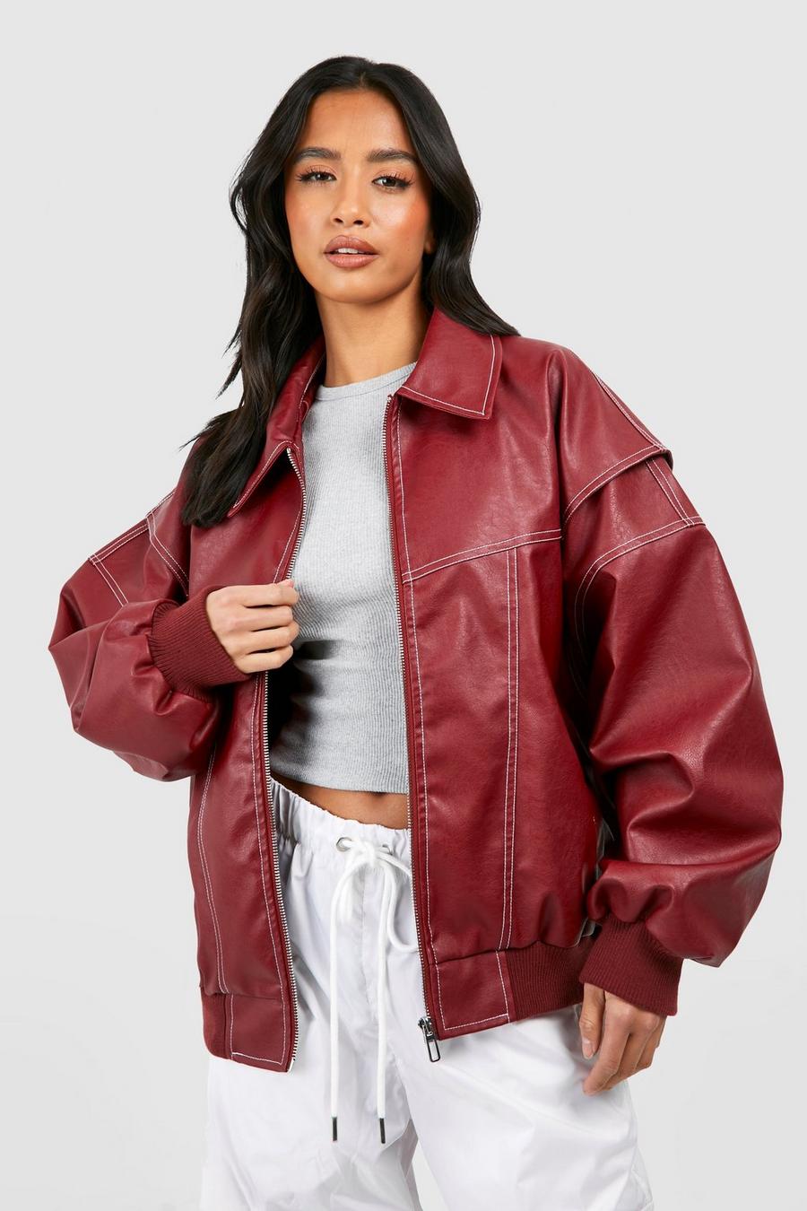 Red Petite Pu Contrast Stitch Oversized Bomber Jacket